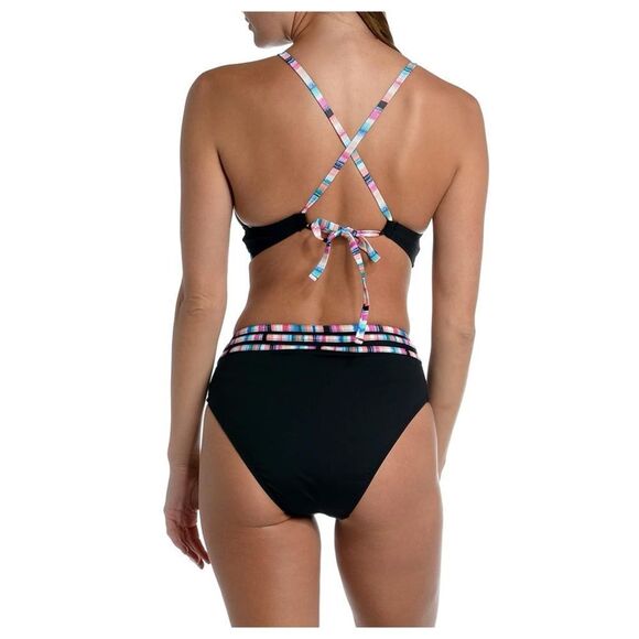Black and Multicolor Striped Women's Swim Set 2 Piece Halter Neckline Size XL - Picture 3 of 14